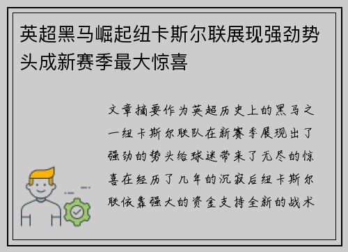 英超黑马崛起纽卡斯尔联展现强劲势头成新赛季最大惊喜 英超黑马崛起纽卡斯尔联展现强劲势头成新赛季最大惊喜